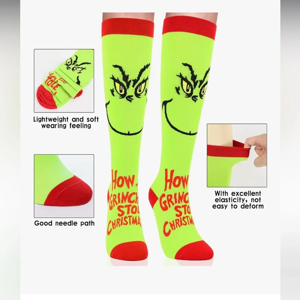 Grinch Christmas Themed Socks - Red and Green